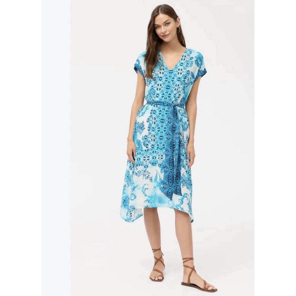 Johnny Was Blue Belted Silk Floral V Neck Midi Dress Size XS